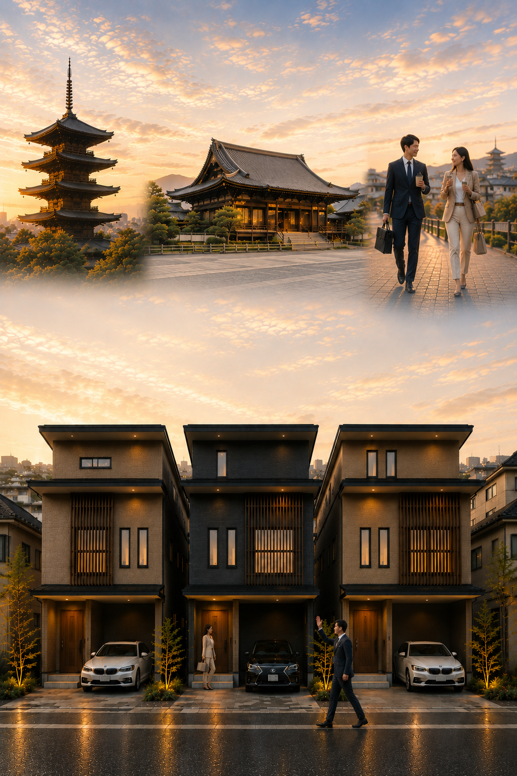 京都の街並みを歩く共働き夫婦と、夕景に並ぶAVANTIAの住まい